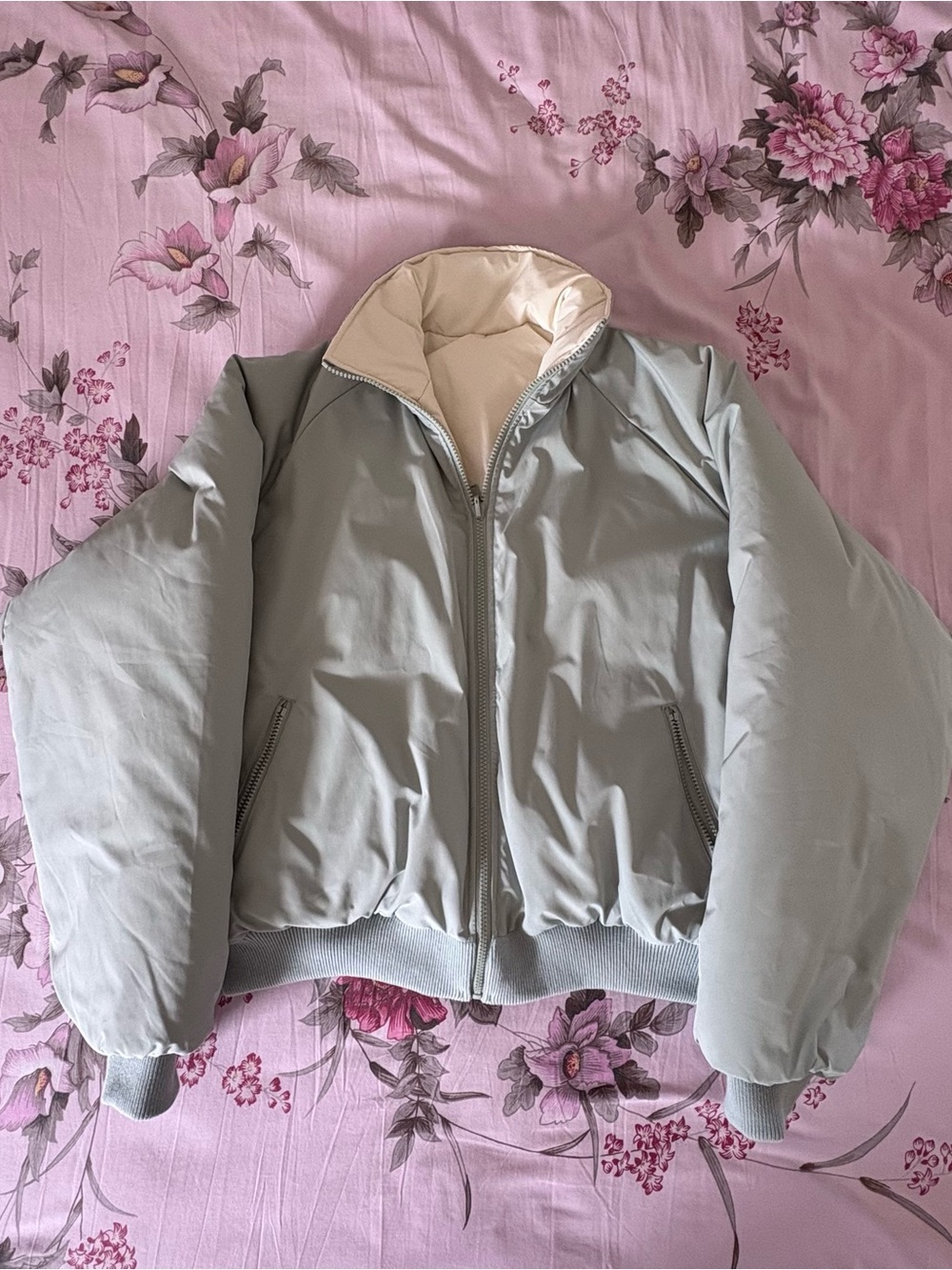 Brandy Melville Light Gray Bomber Jacket with Cream Lining